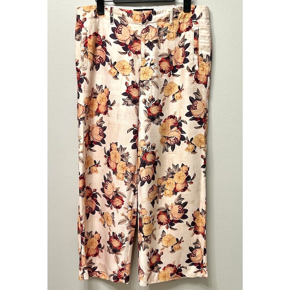 Peruvian Connection Pants Women 10 Cream Wide Leg Preppy Boho Cottagecore Floral